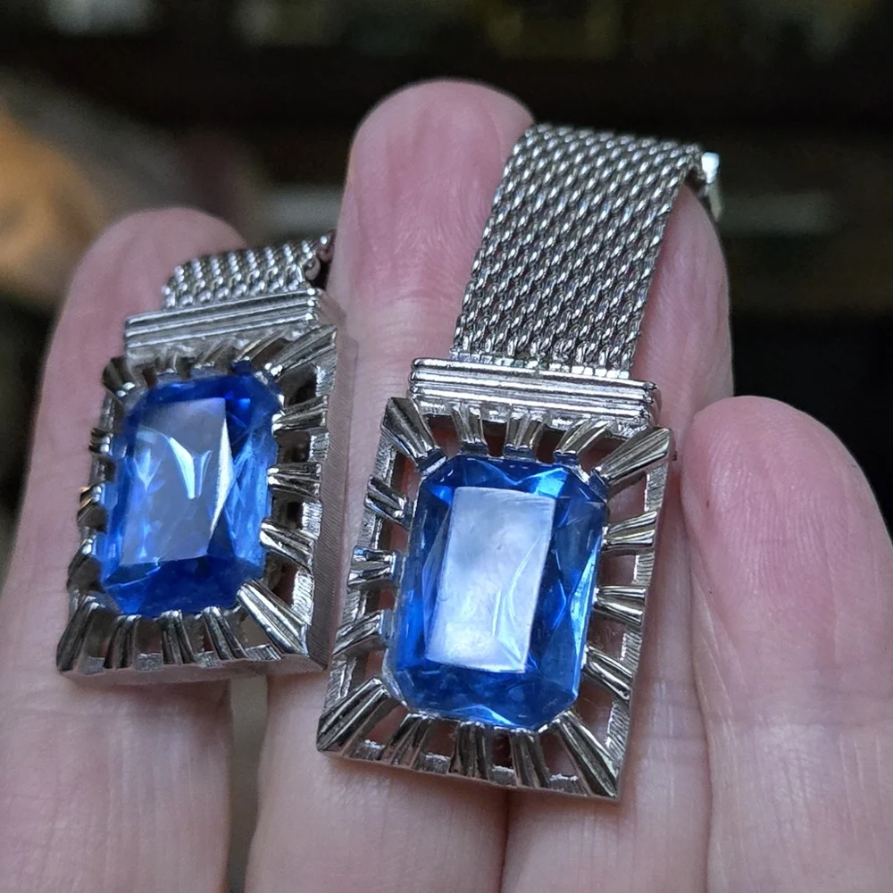 Swank blue topaz silver mesh vintage cufflinks